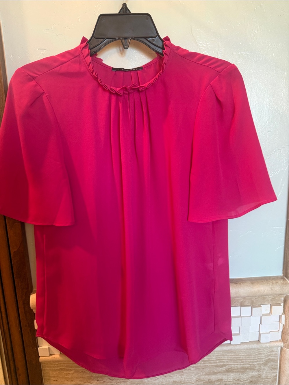 Tahari Fuchsia Pink Ruffle-Trim Short Sleeve Blouse